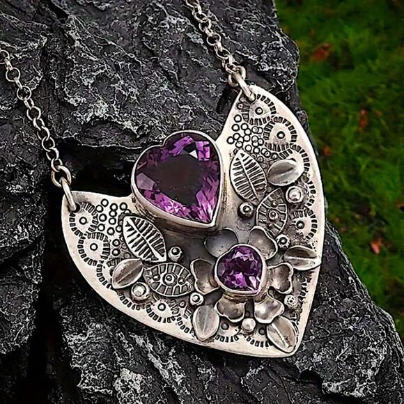 Stainless Steel Heart Shaped Amethyst Stone Necklace - Picture 1 of 5